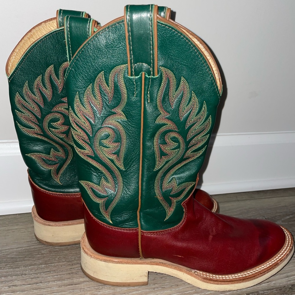 Justin 1879 Vintage Dark maroon and Forest green Leather Western Cowboy Boots 7B